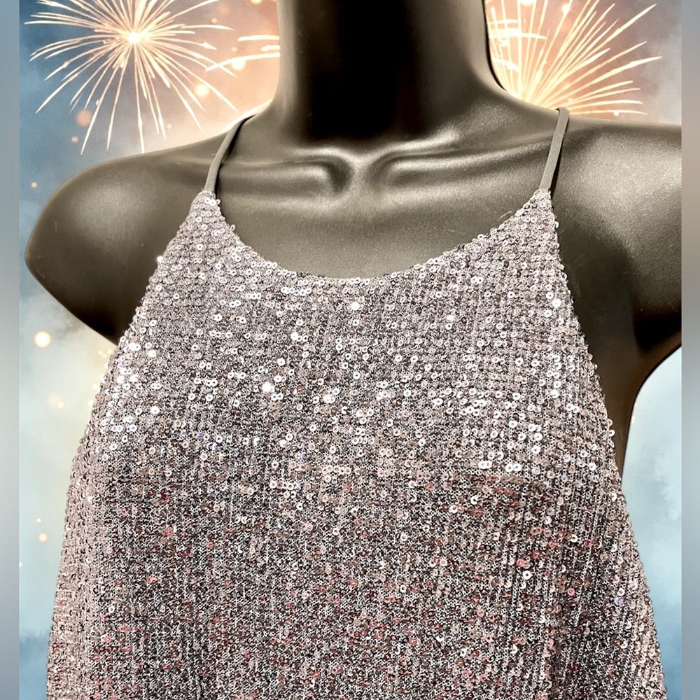 NWT Sexy Halston Sleeveless Silver Sequined Midi Dress - Picture 5 of 7